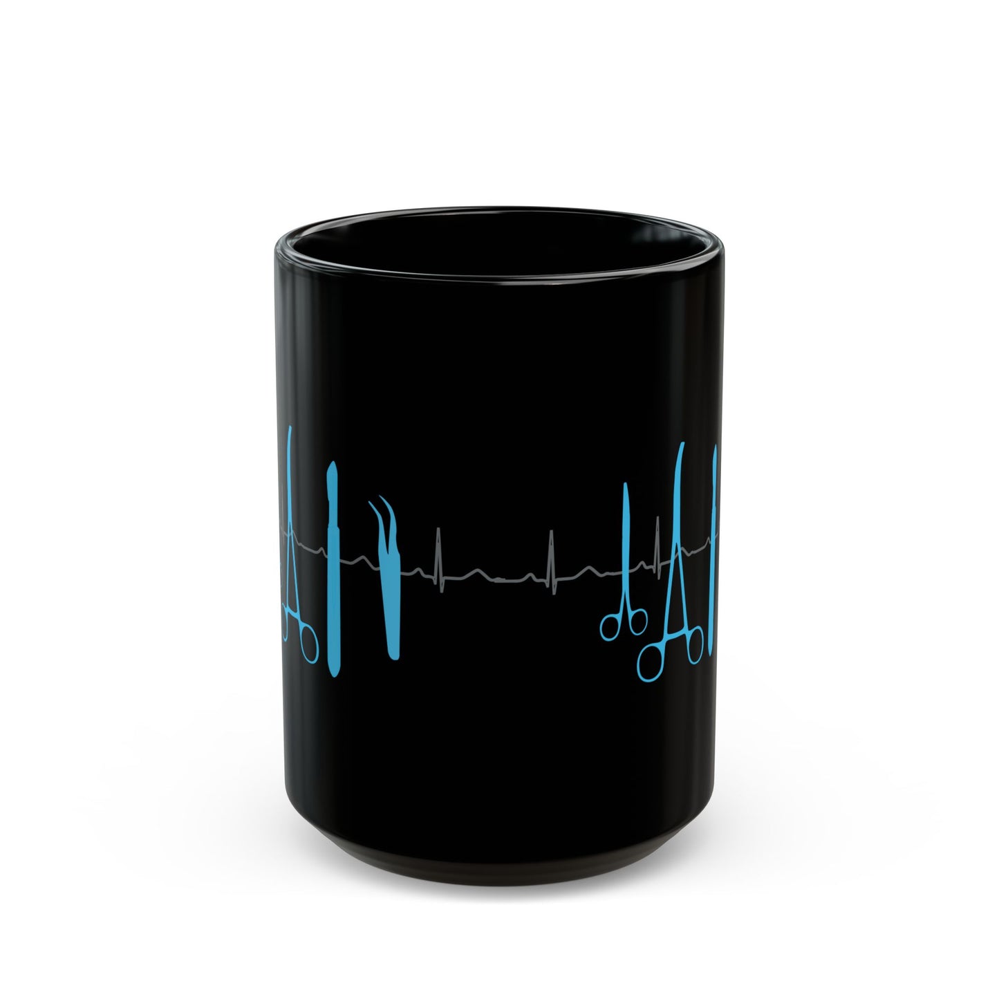 Surgical Tools Coffee Mug with ECG Design - Medical Staff Gift for Nurses, Doctors, Surgeons (Black, Available in 11oz & 15oz)