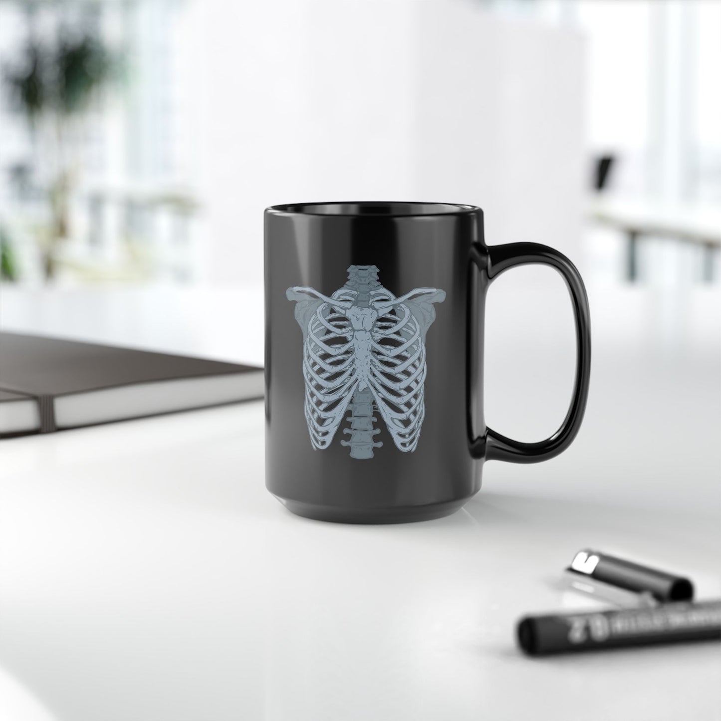 Anatomical Rib Cage Mug - Black Ceramic (11oz, 15oz) - Radiology, Orthopedic, Medical Gift for Healthcare Professionals & Halloween
