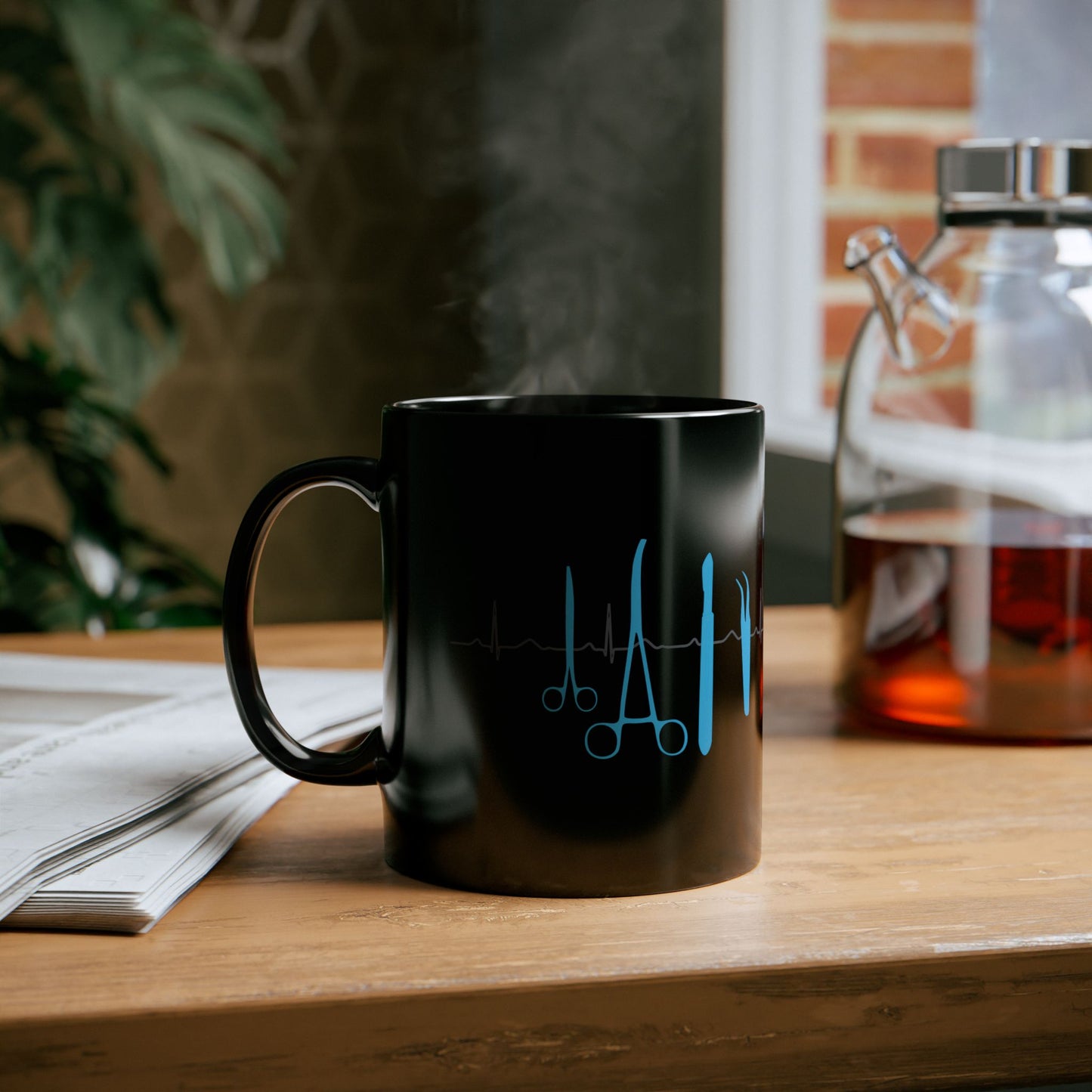 Surgical Tools Coffee Mug with ECG Design - Medical Staff Gift for Nurses, Doctors, Surgeons (Black, Available in 11oz & 15oz)
