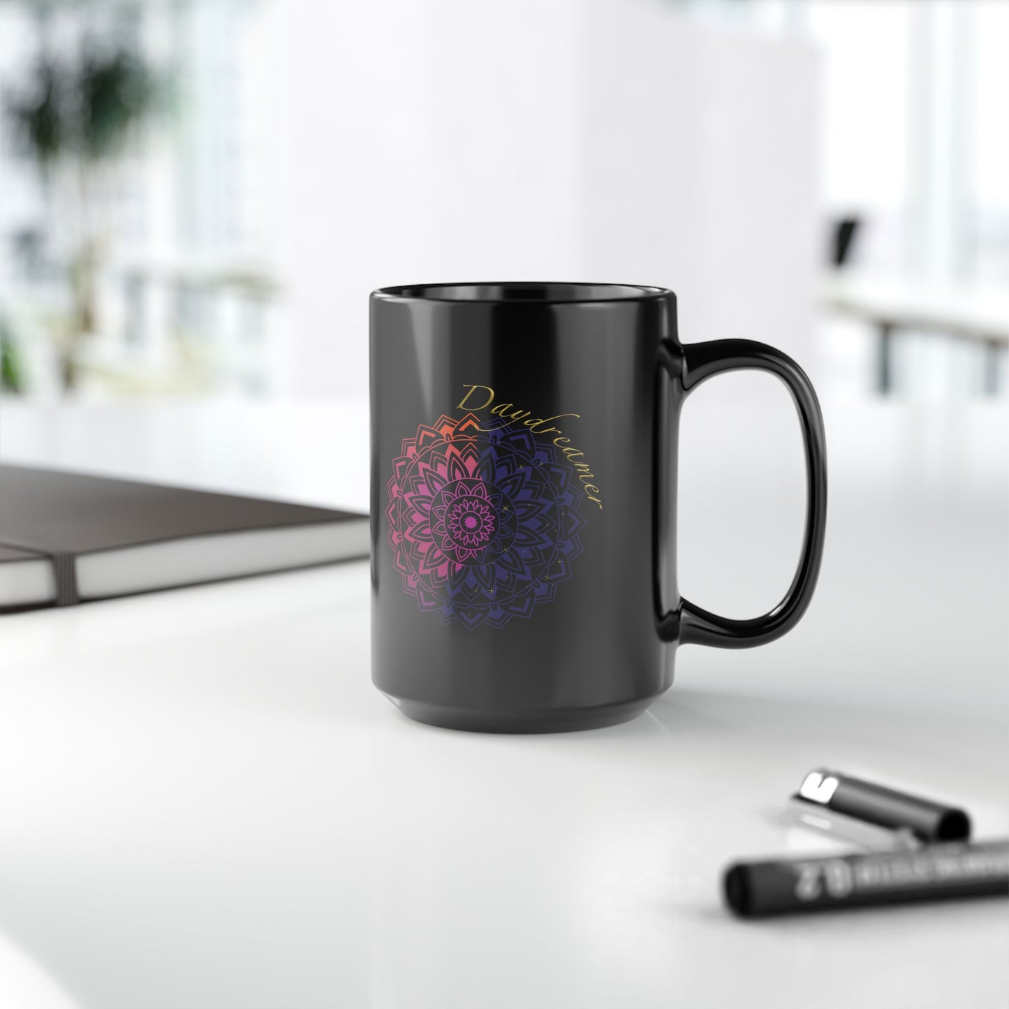 Daydreamer Mandala Coffee Mug - Mindfulness & Mental Wellness Gift for Meditation, Yoga, Self-Care (Black, 11oz & 15oz)