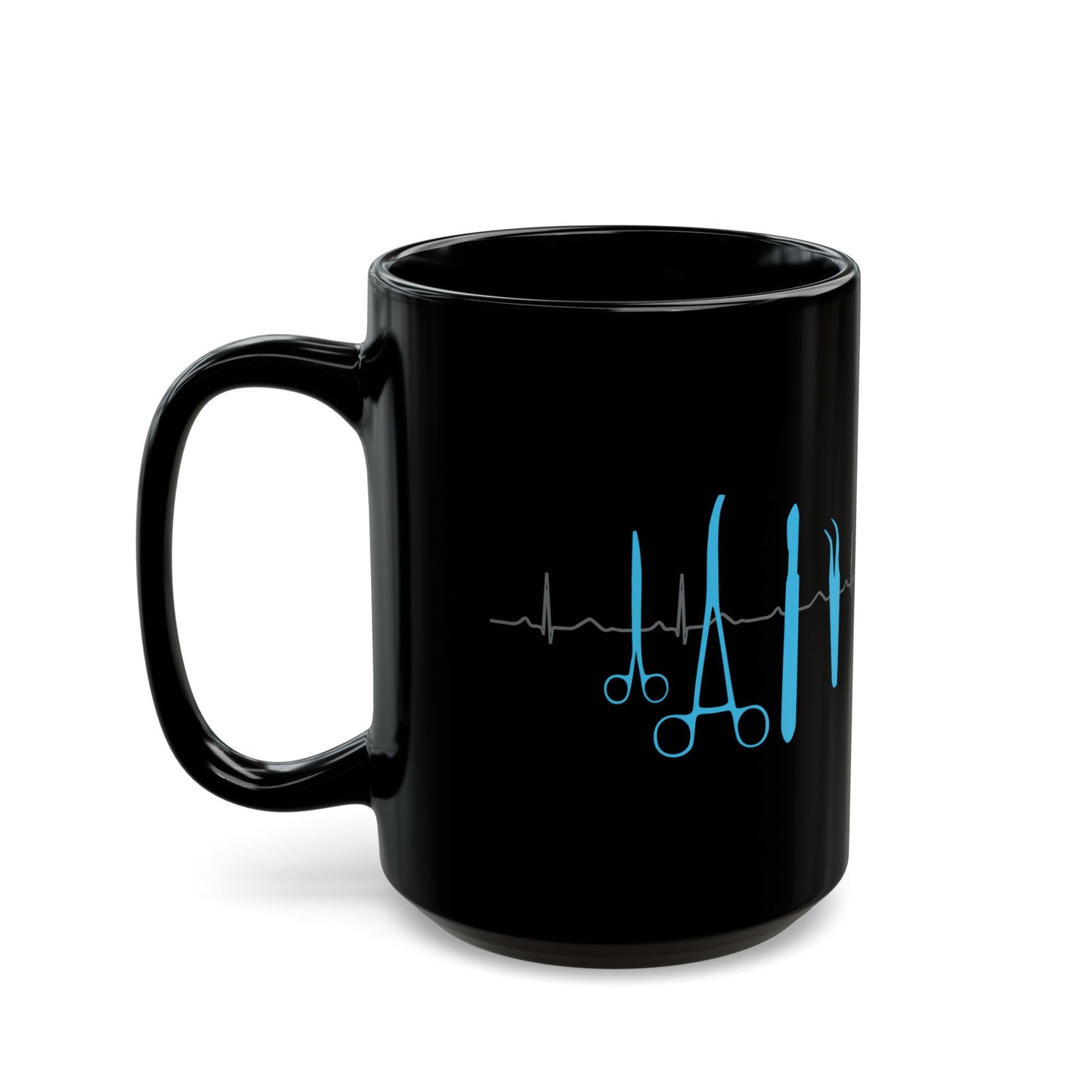 Surgical Tools Coffee Mug with ECG Design - Medical Staff Gift for Nurses, Doctors, Surgeons (Black, Available in 11oz & 15oz)