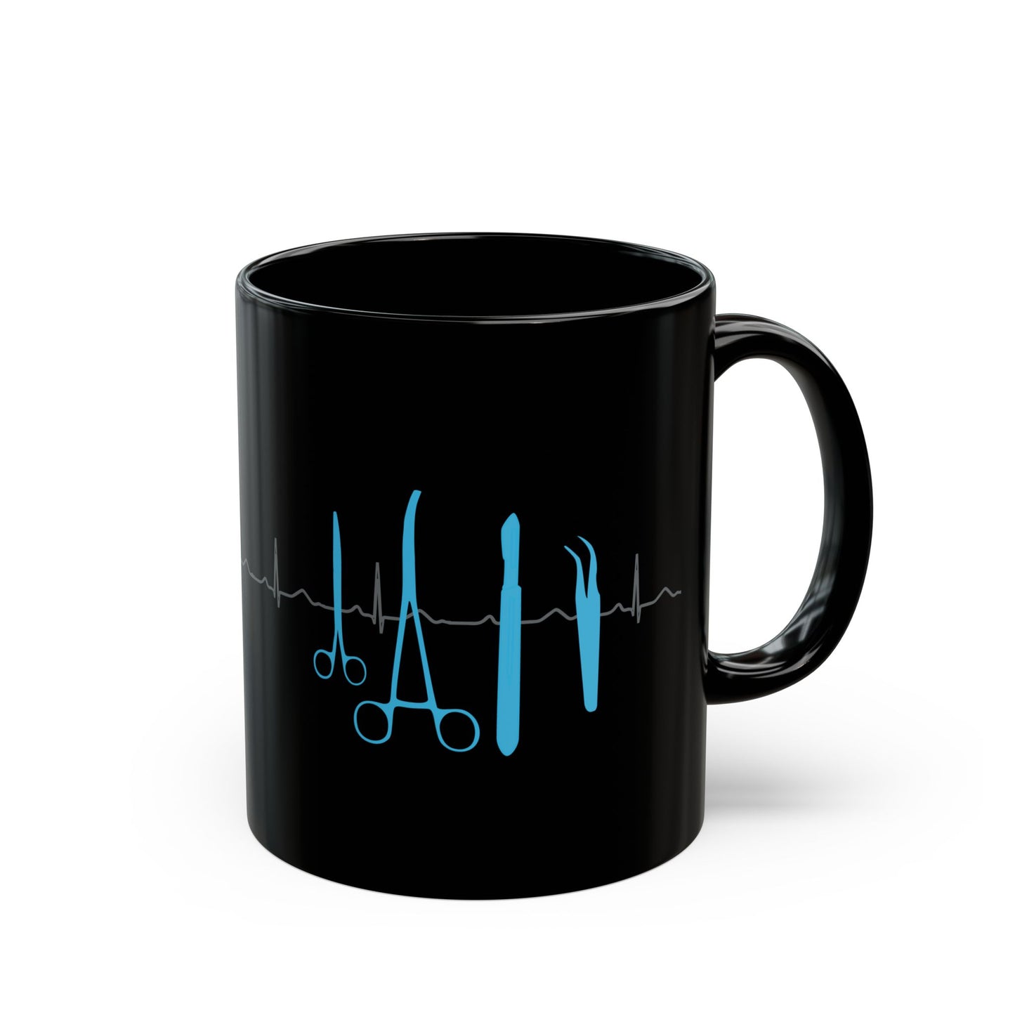 Surgical Tools Coffee Mug with ECG Design - Medical Staff Gift for Nurses, Doctors, Surgeons (Black, Available in 11oz & 15oz)
