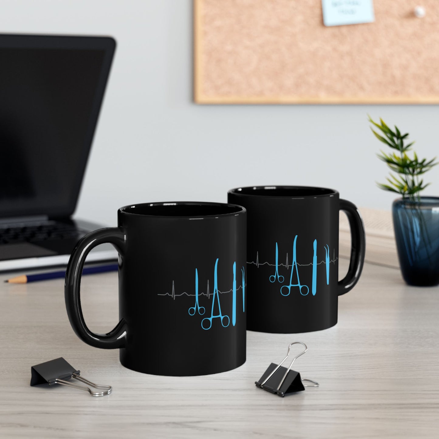 Surgical Tools Coffee Mug with ECG Design - Medical Staff Gift for Nurses, Doctors, Surgeons (Black, Available in 11oz & 15oz)