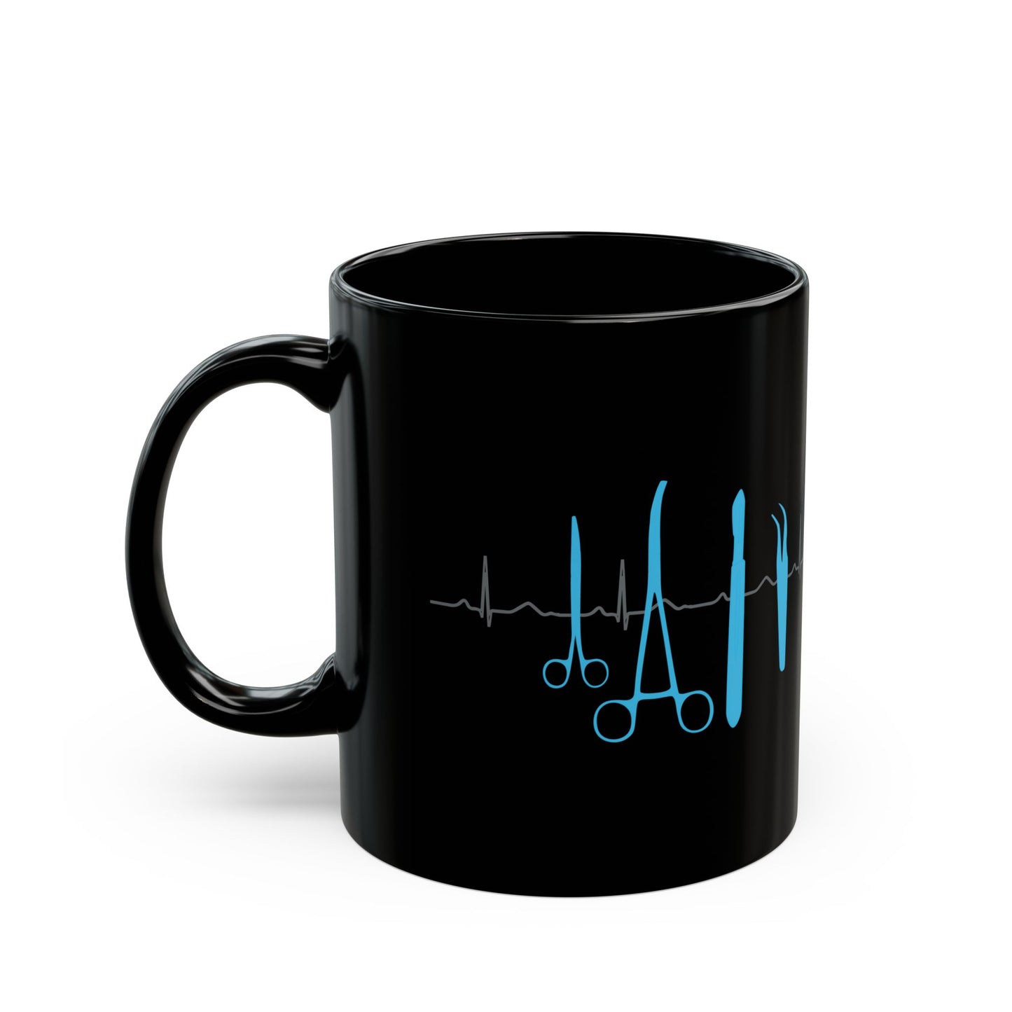 Surgical Tools Coffee Mug with ECG Design - Medical Staff Gift for Nurses, Doctors, Surgeons (Black, Available in 11oz & 15oz)