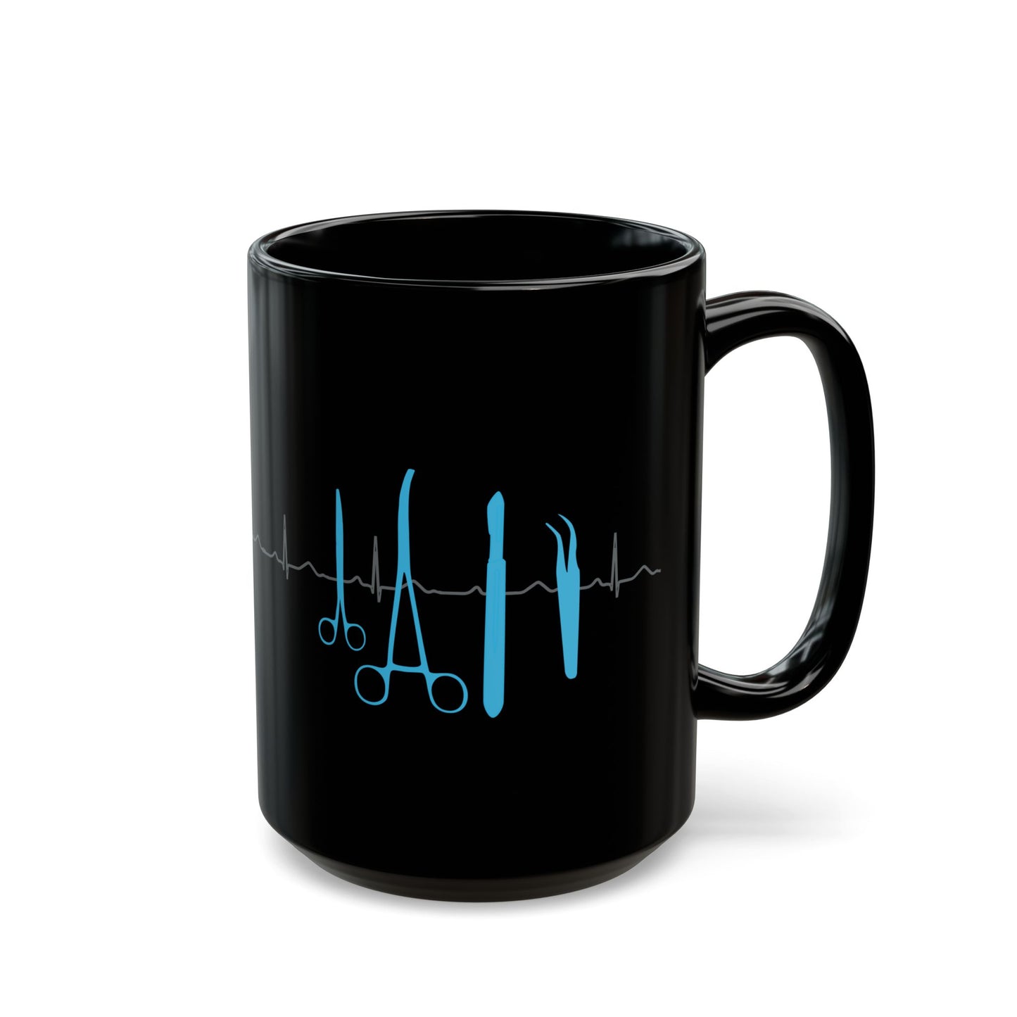 Surgical Tools Coffee Mug with ECG Design - Medical Staff Gift for Nurses, Doctors, Surgeons (Black, Available in 11oz & 15oz)