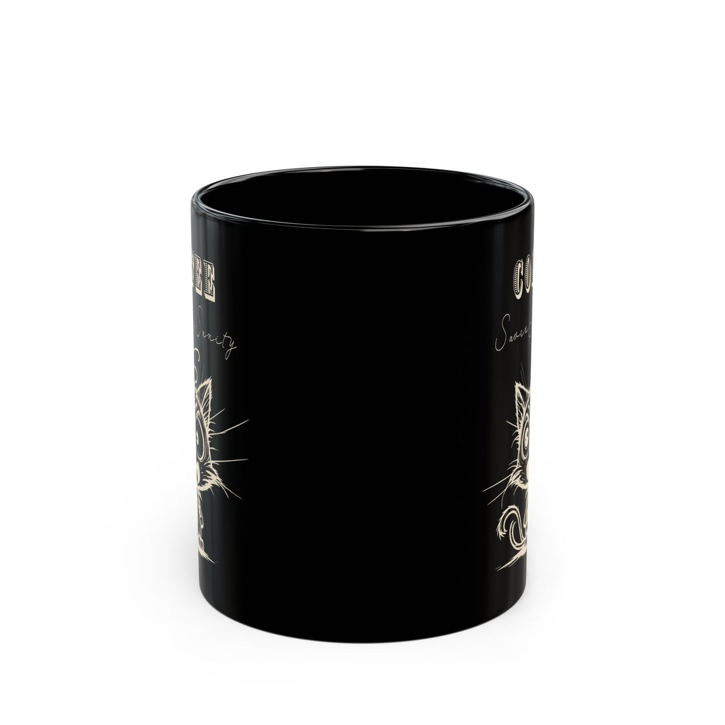 Funny Cat Coffee Mug - Coffee Saves My Sanity Cup - Wellness and Mental Health Humor Black Ceramic Mug