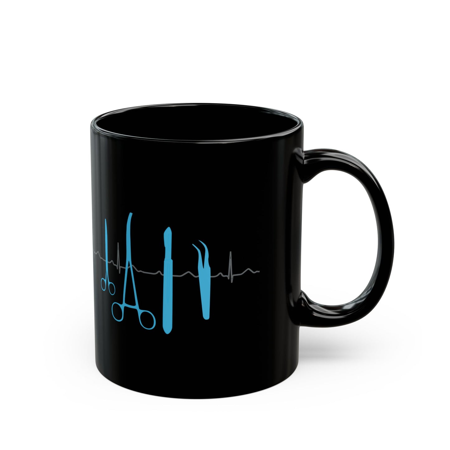 Surgical Tools Coffee Mug with ECG Design - Medical Staff Gift for Nurses, Doctors, Surgeons (Black, Available in 11oz & 15oz)