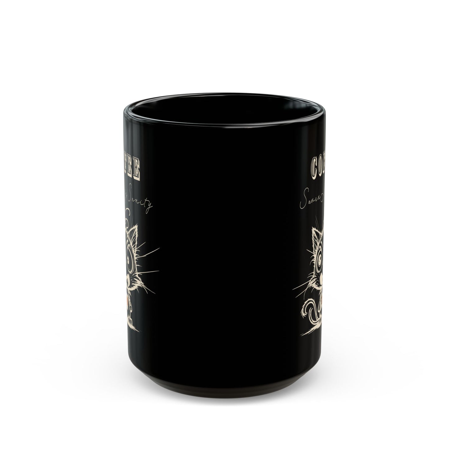 Funny Cat Coffee Mug - Coffee Saves My Sanity Cup - Wellness and Mental Health Humor Black Ceramic Mug