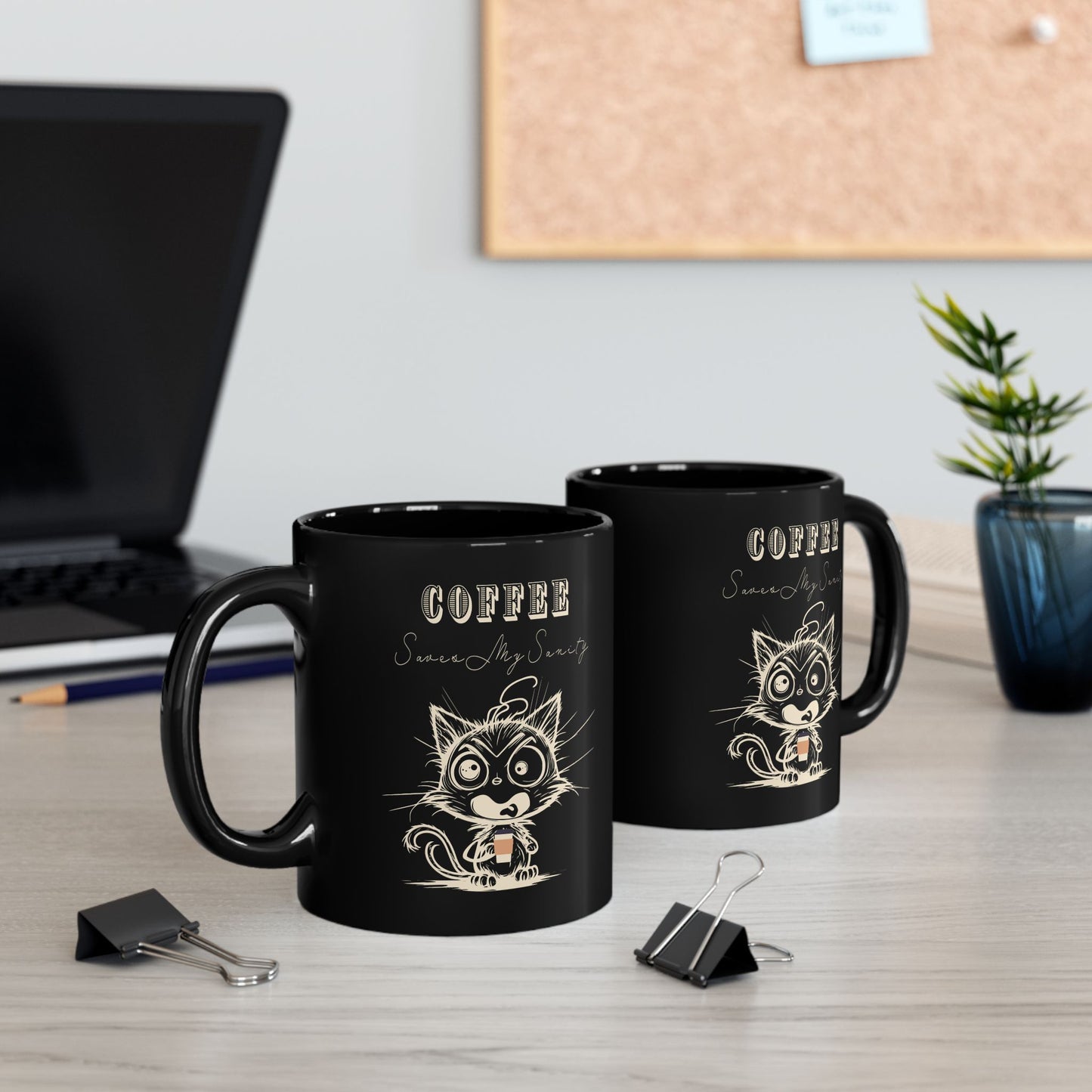 Funny Cat Coffee Mug - Coffee Saves My Sanity Cup - Wellness and Mental Health Humor Black Ceramic Mug