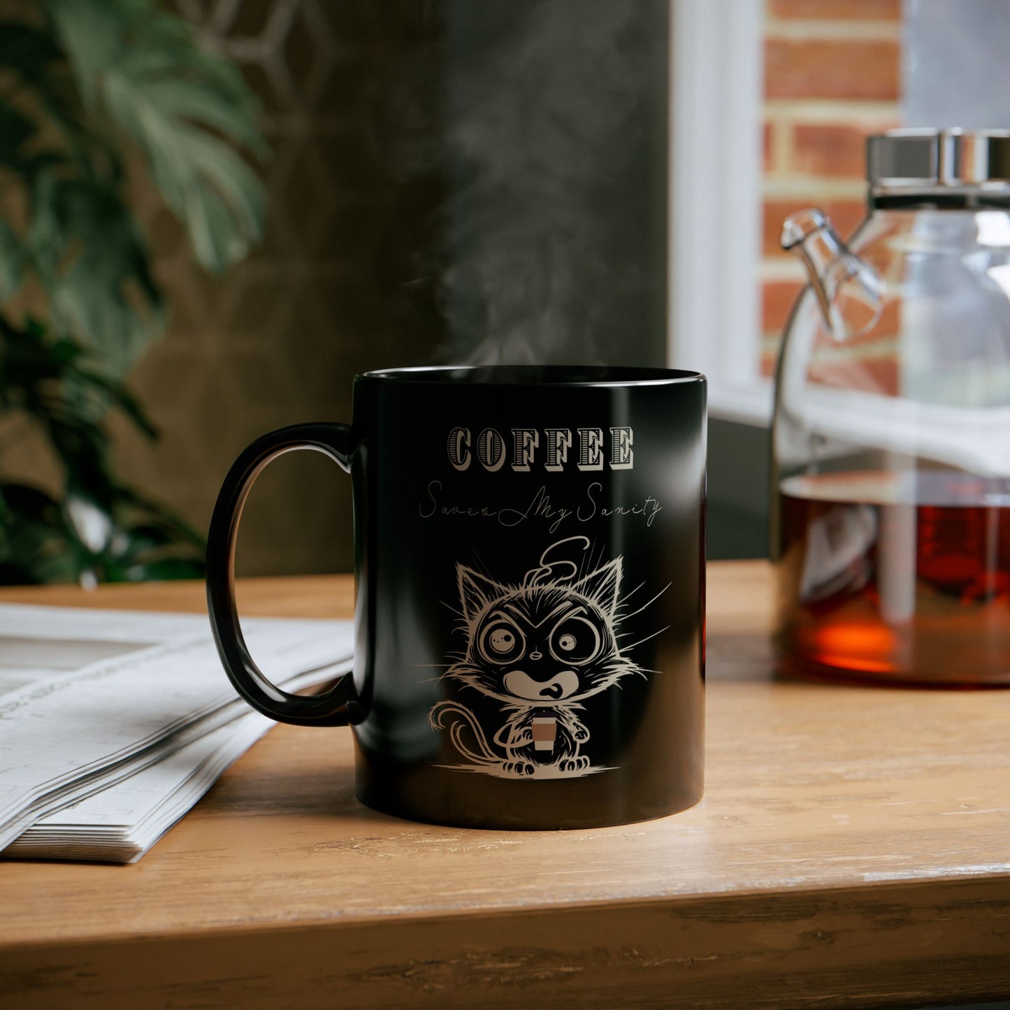 Funny Cat Coffee Mug - Coffee Saves My Sanity Cup - Wellness and Mental Health Humor Black Ceramic Mug