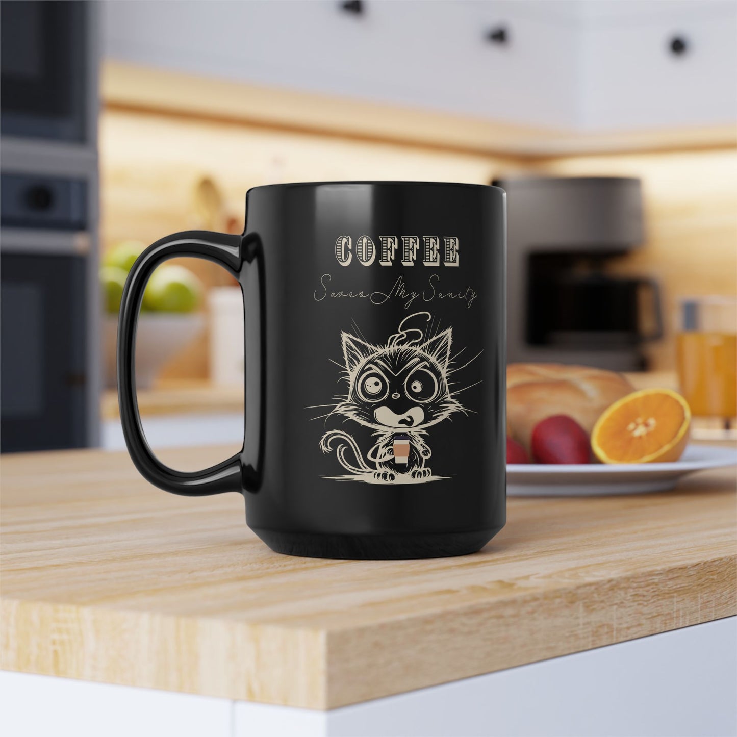 Funny Cat Coffee Mug - Coffee Saves My Sanity Cup - Wellness and Mental Health Humor Black Ceramic Mug