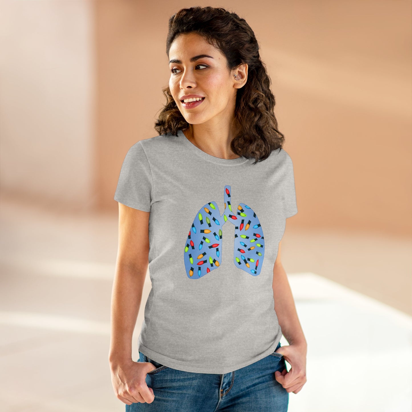 Christmas Lights Blue Lung Abstract Women's Mid-weight Cotton Tee - Graphic Holiday Top