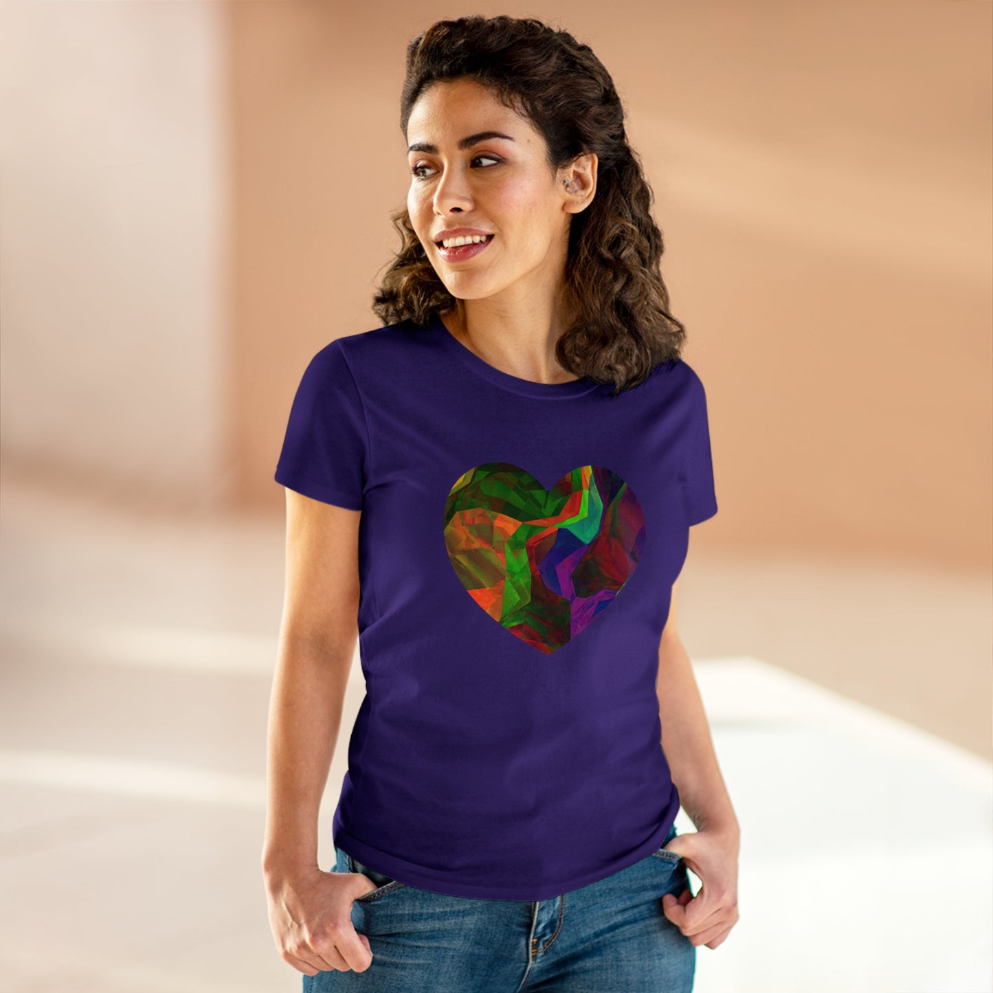 Colorful Heart Abstract Women's Mid-weight Cotton Tee - Graphic Holiday Top