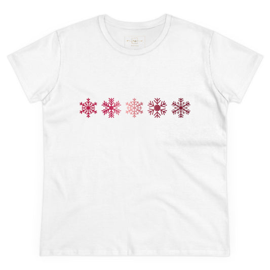 Red Snowflakes Women's Mid-weight Cotton Tee - Graphic Holiday Top Available In Multiple Colors