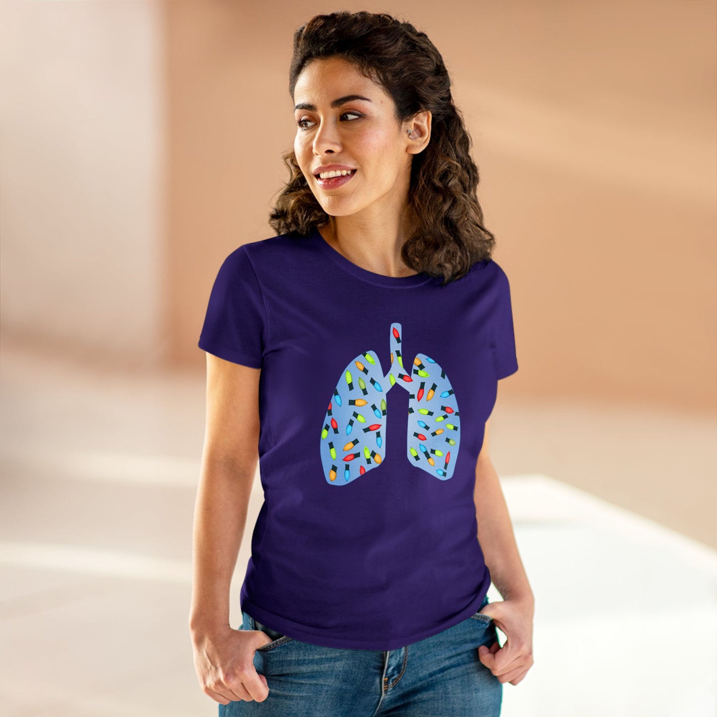 Christmas Lights Blue Lung Abstract Women's Mid-weight Cotton Tee - Graphic Holiday Top