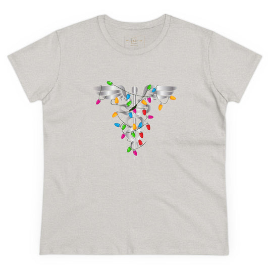 Caduceus with Multi-colored Lights Women's Mid-weight Cotton Tee -  Medical Graphic Holiday Top