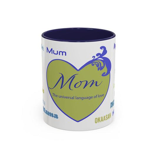 Mom Green Heart Mug - “Mom” in Different Languages - Universal Language of Love - Gift for Moms, New Moms, Mother's Day, Birthday, Valentine’s Day - Modern & Stylish Ceramic Mug with Color Inside (11oz, 15oz)