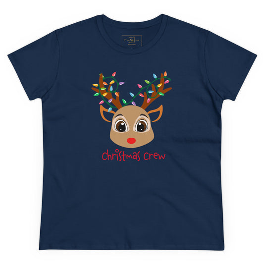 Christmas Crew Reindeer Women's Mid-weight Cotton Tee - Graphic Holiday Top