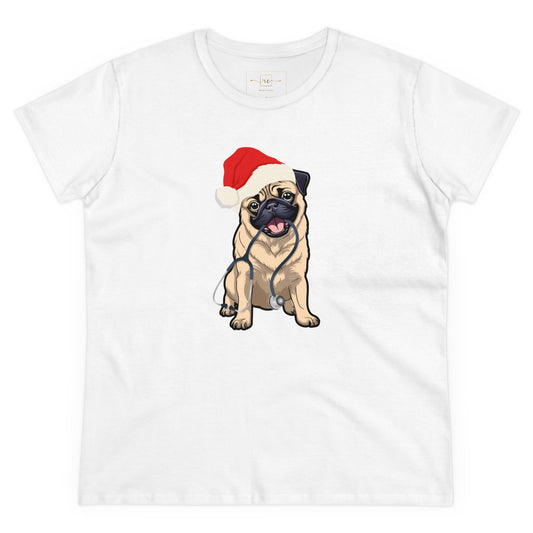 Christmas Pug with Stethoscope Women's Mid-weight Cotton Tee - Medical Graphic Holiday Top