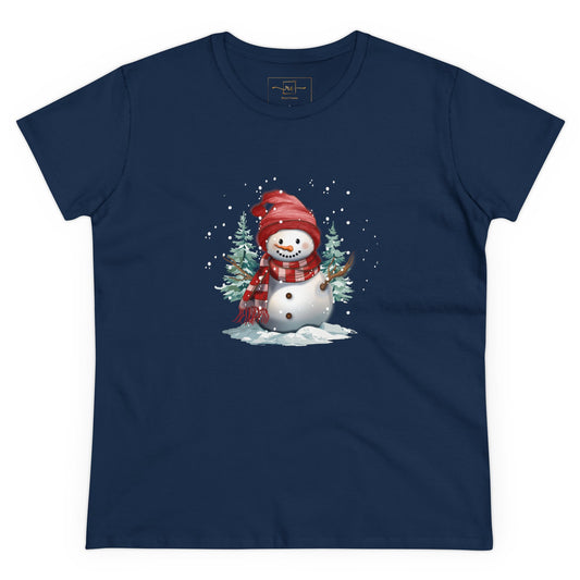 The Snowman With Red Scarf Women's Mid-weight Cotton Tee - Graphic Holiday Top