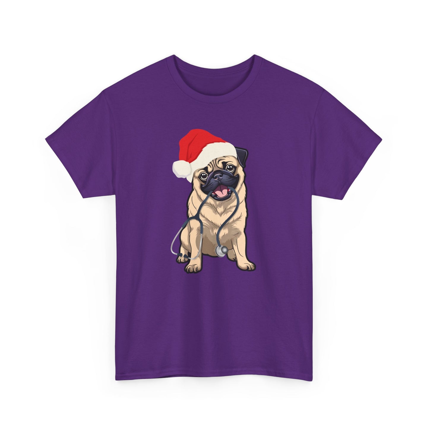 Christmas Pug with Stethoscope Heavy Cotton T-Shirt - Graphic Holiday Top