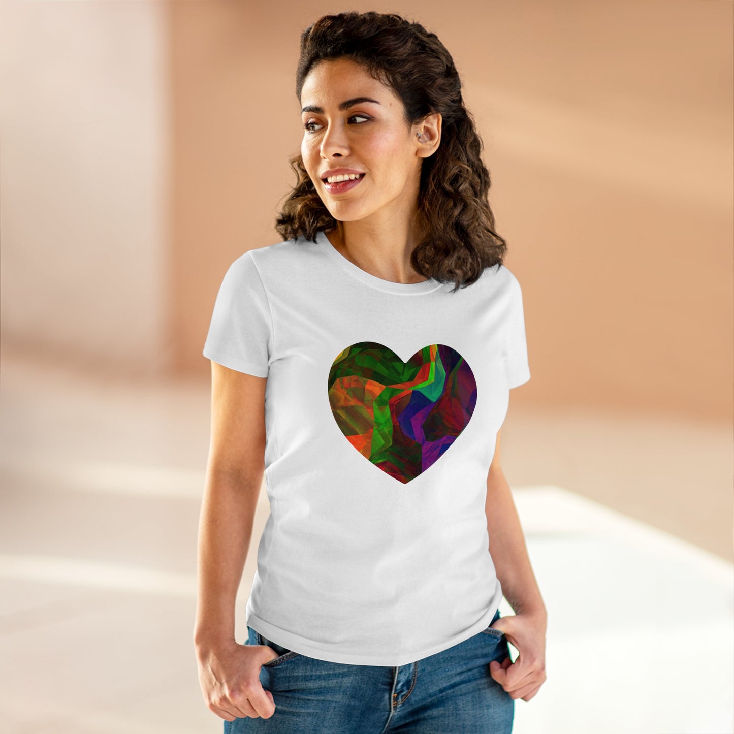 Colorful Heart Abstract Women's Mid-weight Cotton Tee - Graphic Holiday Top