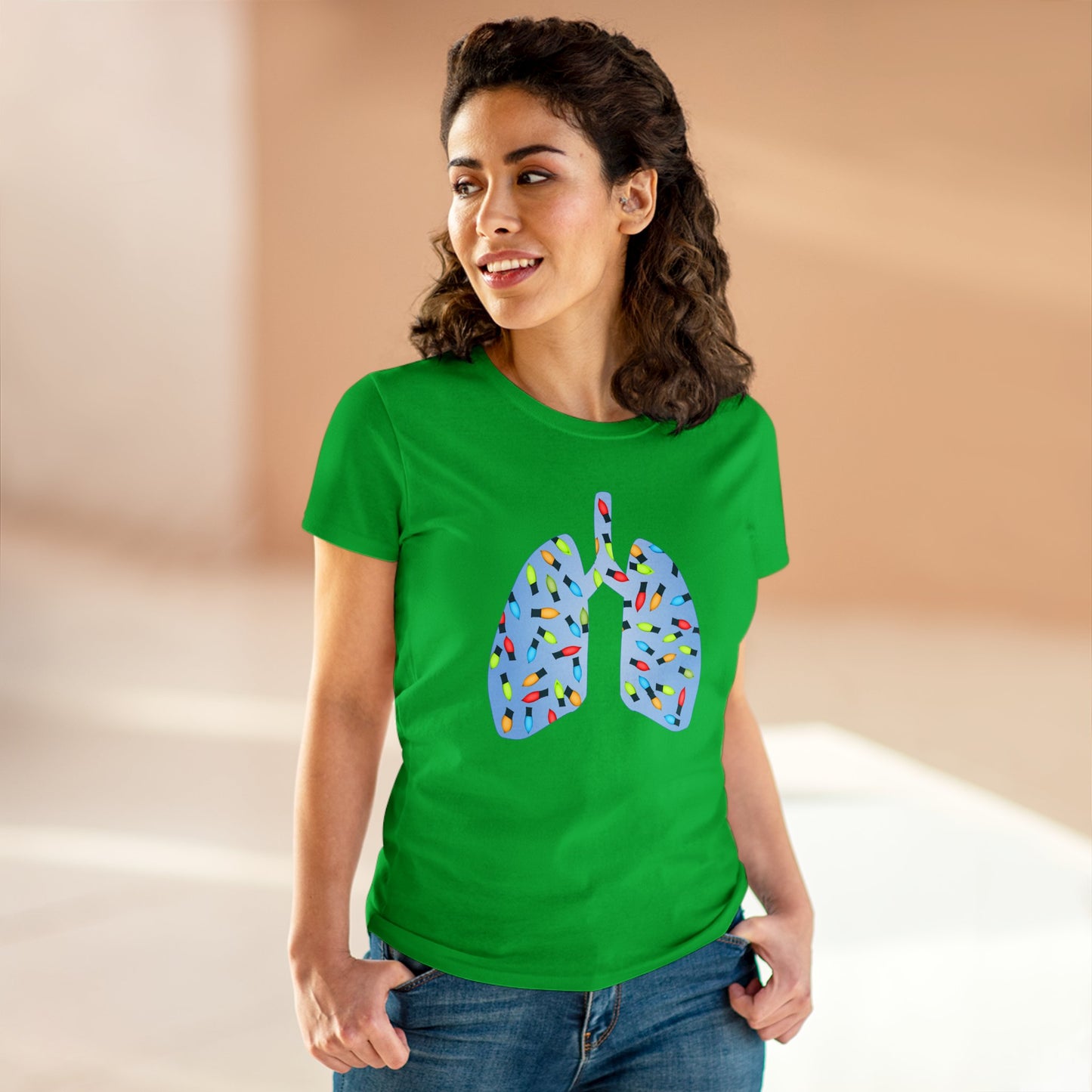 Christmas Lights Blue Lung Abstract Women's Mid-weight Cotton Tee - Graphic Holiday Top