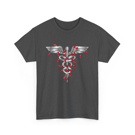 Caduceus With Red Lights Heavy Cotton T-Shirt - Graphic Holiday Top