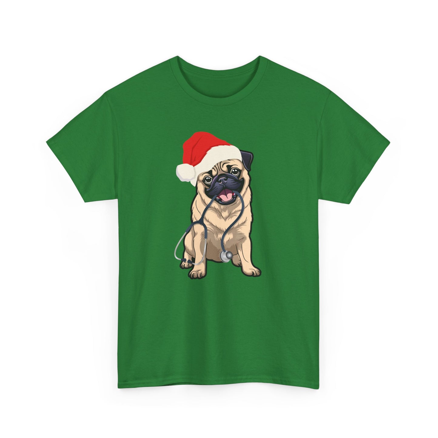 Christmas Pug with Stethoscope Heavy Cotton T-Shirt - Graphic Holiday Top