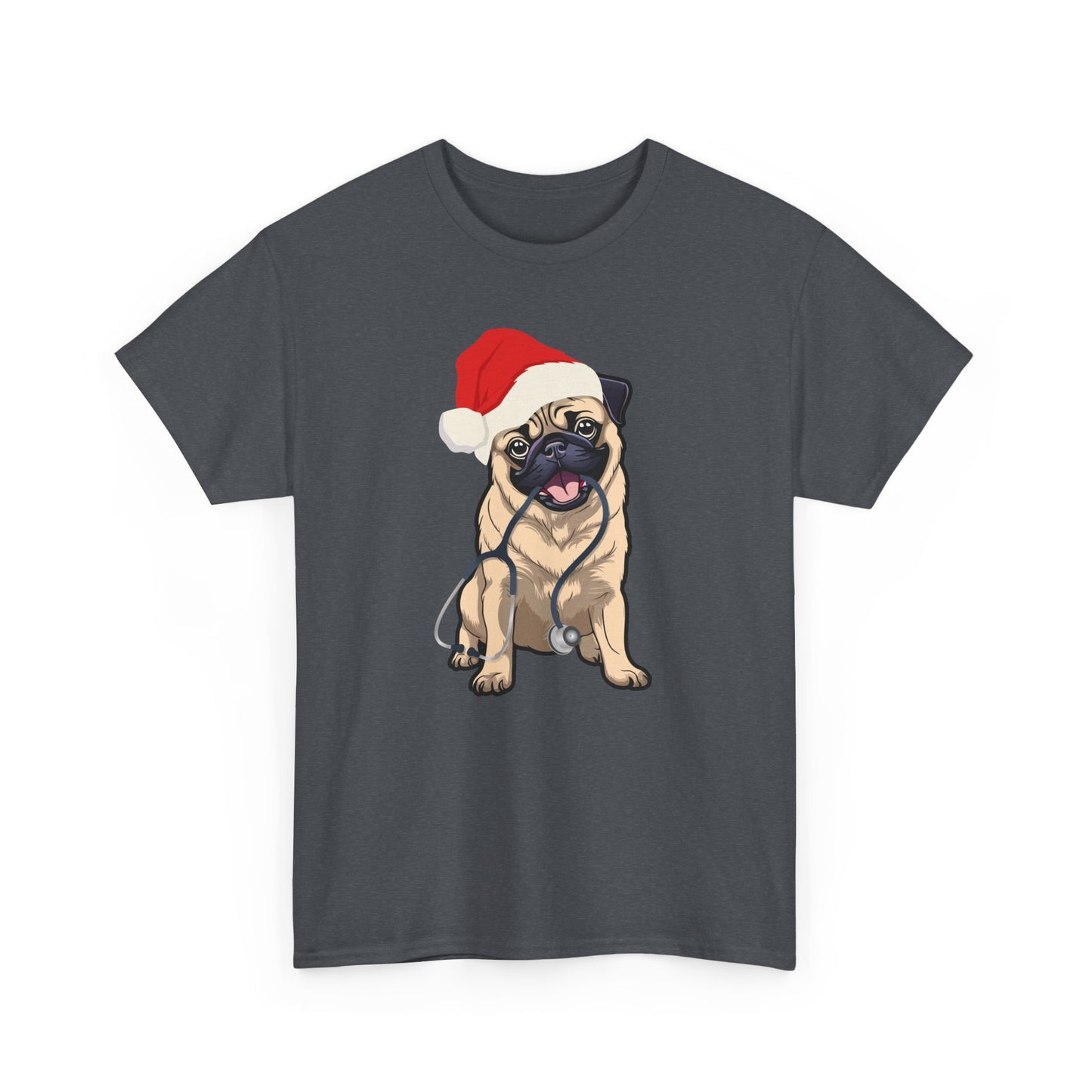 Christmas Pug with Stethoscope Heavy Cotton T-Shirt - Graphic Holiday Top