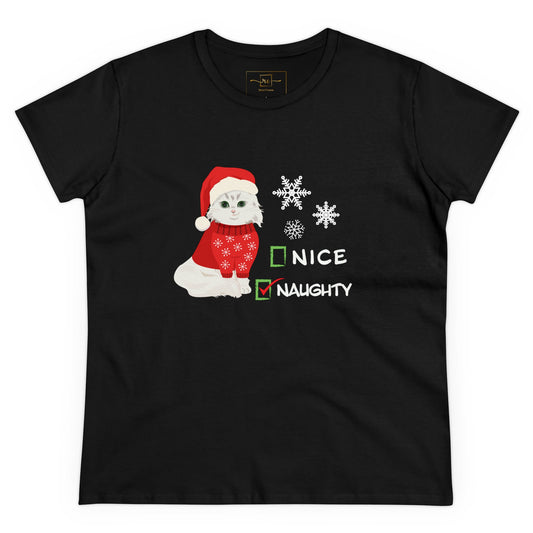 Naughty Christmas Kitten Women's Mid-weight Cotton Tee - Graphic Holiday Top