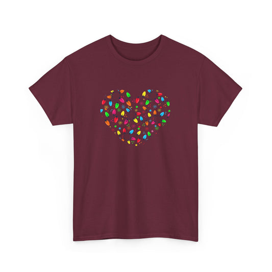 Heart With Bright Multi-colored Lights Heavy Cotton T-Shirt - Graphic Holiday Top