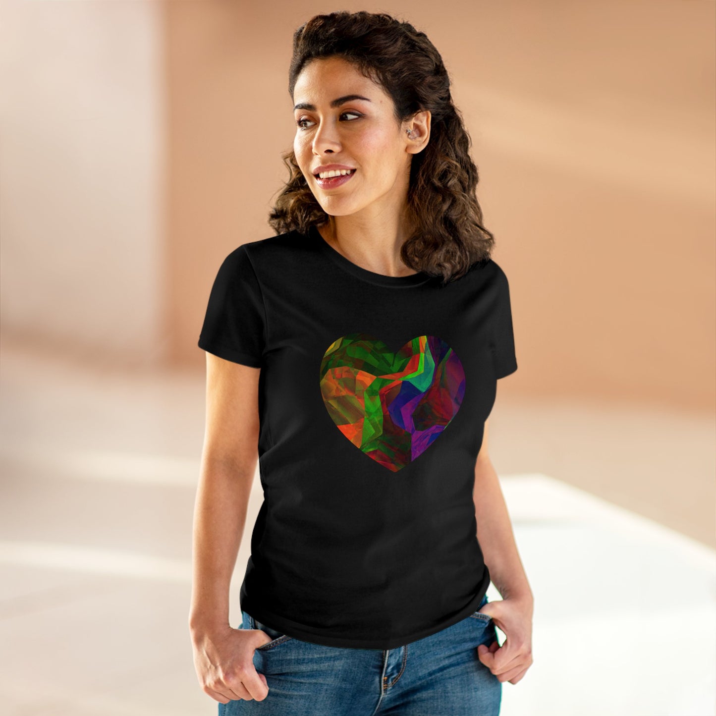 Colorful Heart Abstract Women's Mid-weight Cotton Tee - Graphic Holiday Top